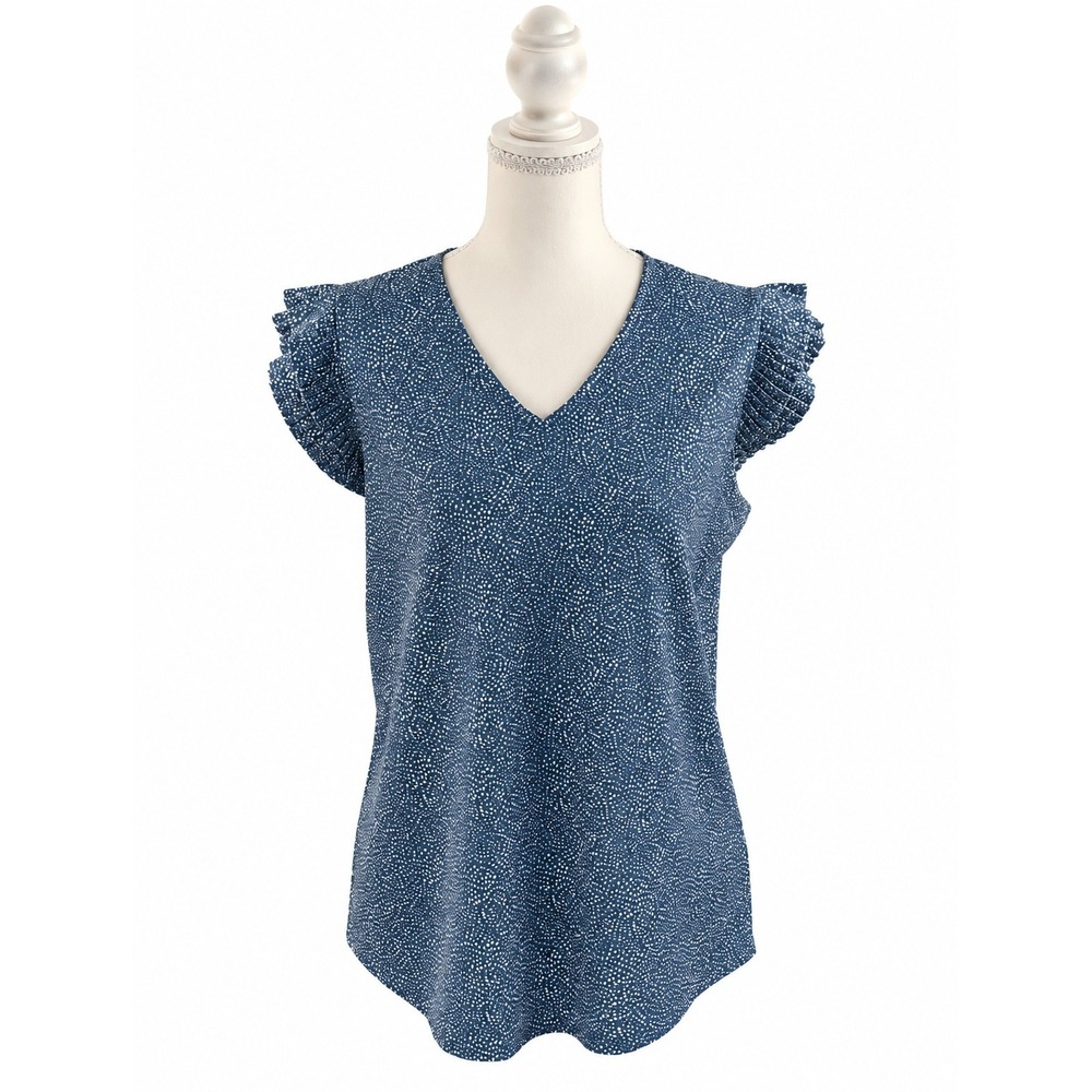 Adrianna Papell Pleated Sleeve Print Knit Top Women's M Blue V Neck NWT